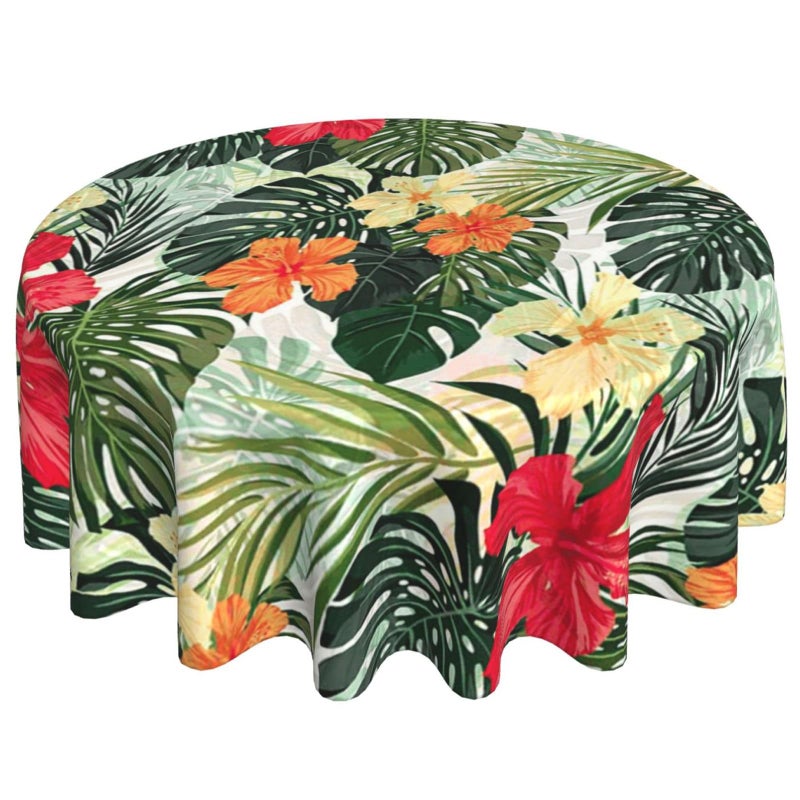 VVA Tropical Round Tablecloth, Hawaiian Palm Tree Hibiscus Flowers Plants Tablecloths, Aloha/Luau Theme Party, Wipeable Waterproof Table Cloth for Family Dinners Patio Outdoor/Outside Events 50x50 Inch - Image 1